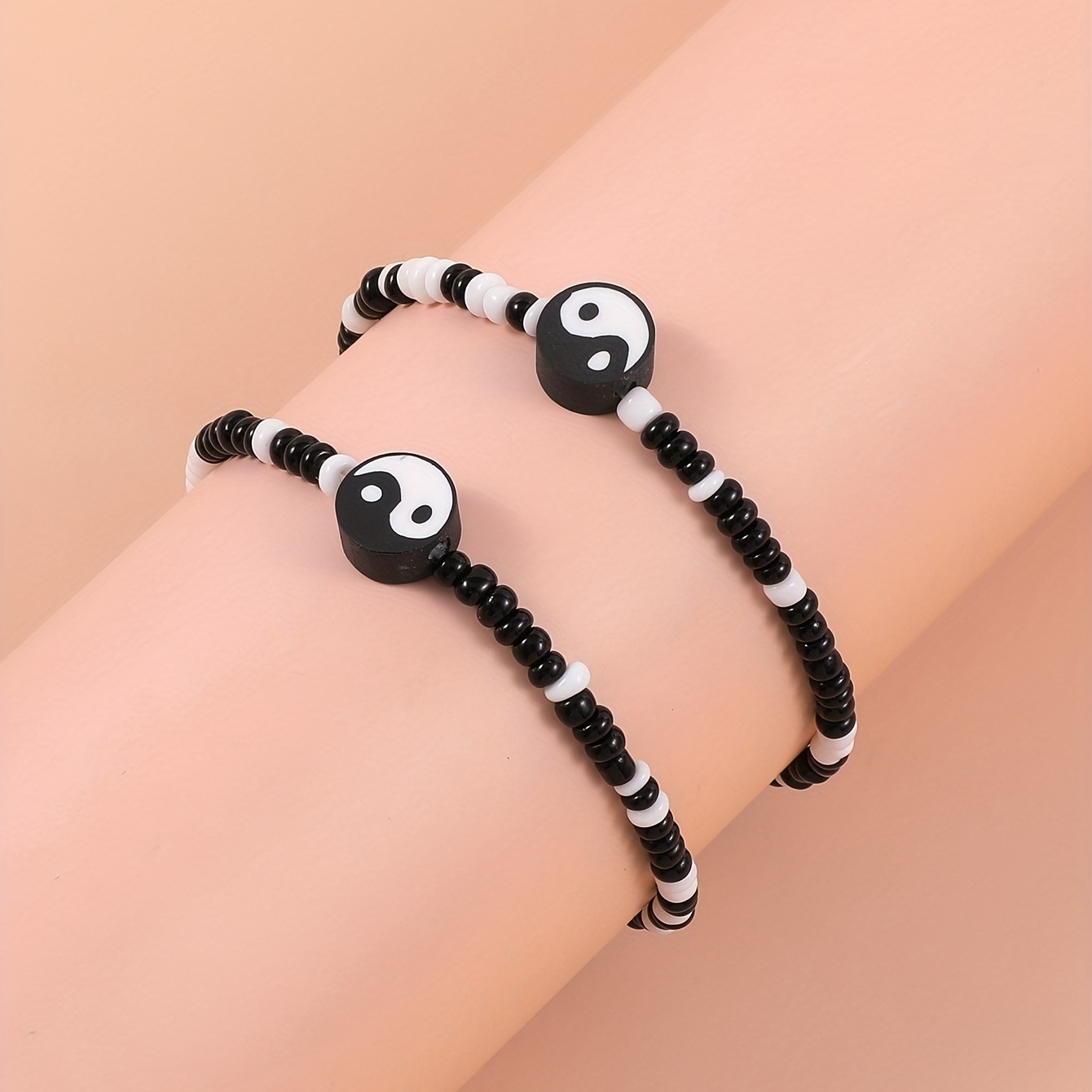 2pc Minimalist Yin Yang Beaded Anklet Set, Daily Wear